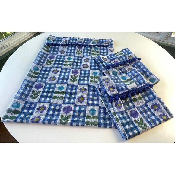 Vintage 70s curtain with pompoms, blue purple green floral, pair or single panel - Picture 10 of 10